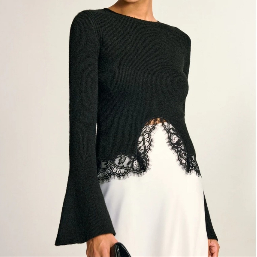 Lace Hem Bell Sleeve Wool Blend Knit Top